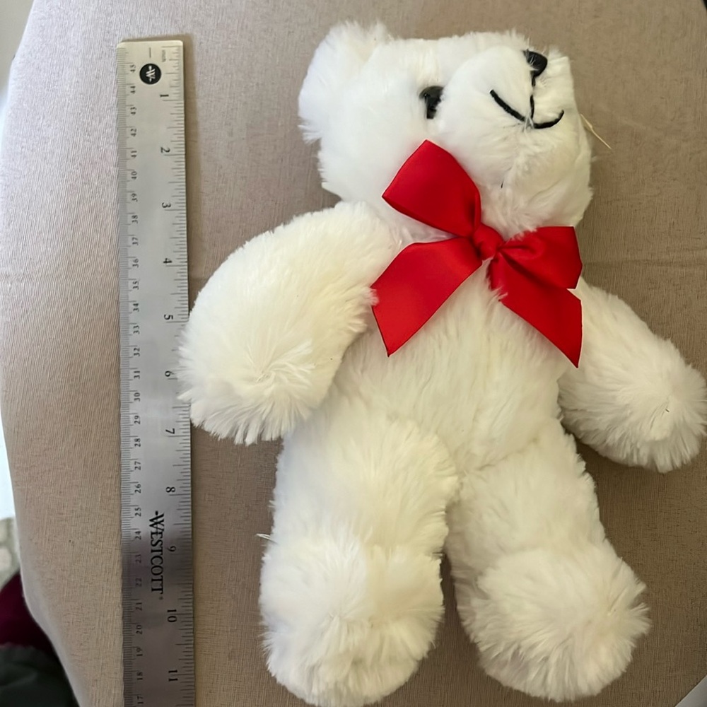 White teddy bear with red bow - Picture 3 of 6